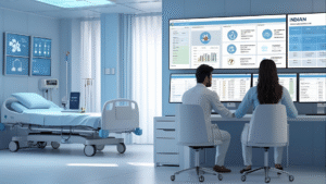 US Healthcare Training professionals analyzing patient records and medical data on advanced reporting systems in a modern hospital setup.